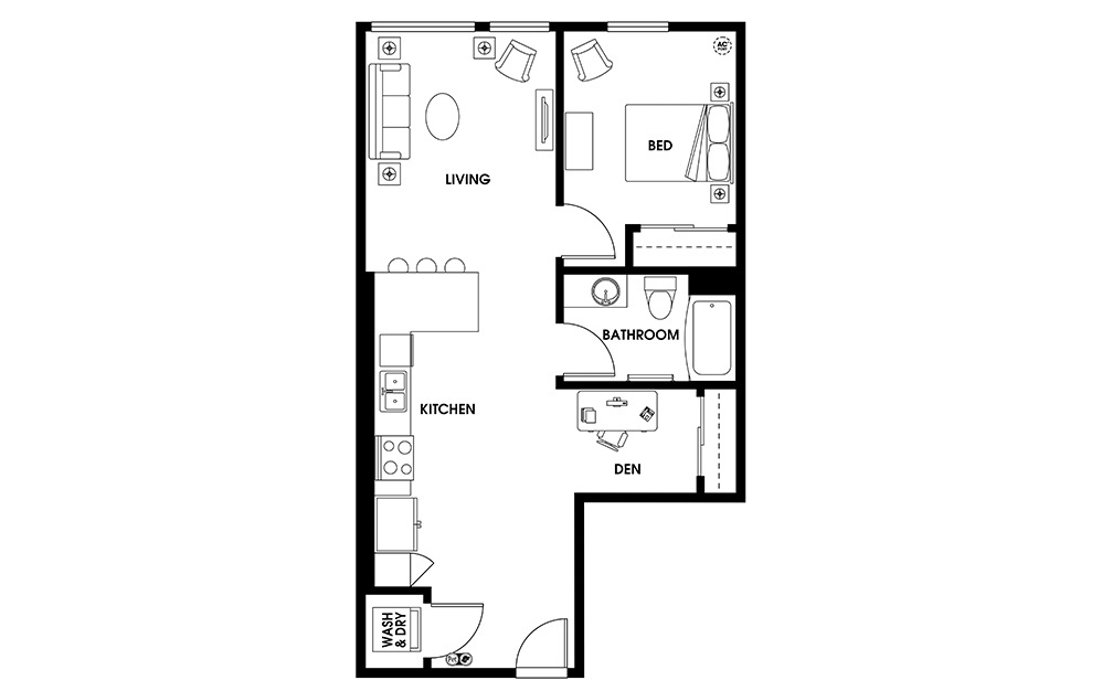 AD1 - 1 bedroom floorplan layout with 1 bath and 735 square feet.