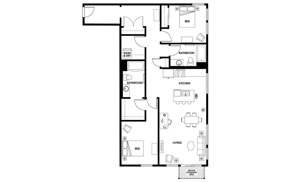 B16 - 2 bedroom floorplan layout with 2 baths and 1240 square feet.