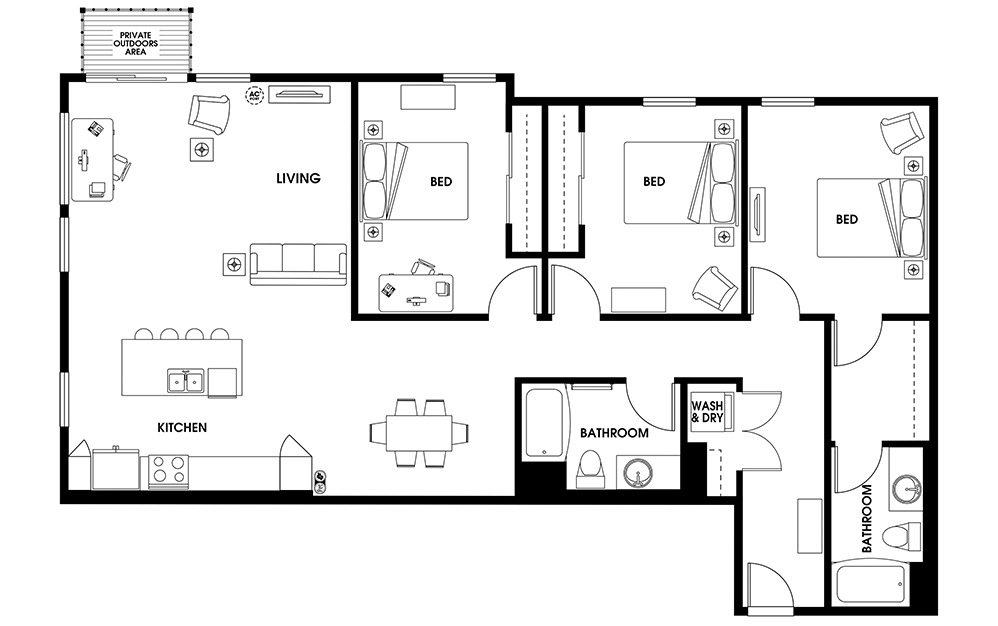 C7 - 3 bedroom floorplan layout with 2 baths and 1583 square feet.
