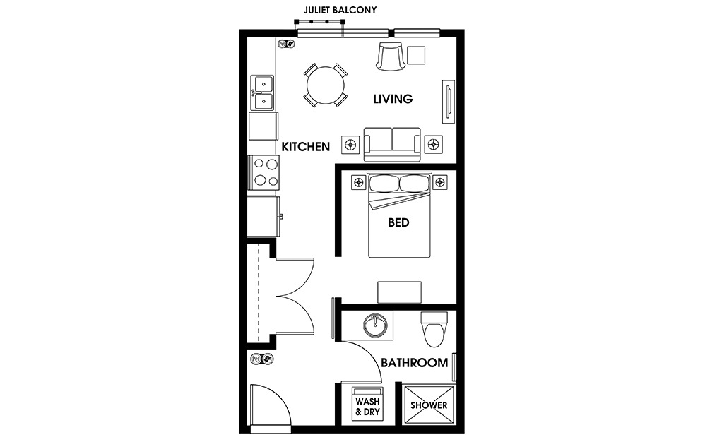 U1 - 1 bedroom floorplan layout with 1 bath and 500 square feet.
